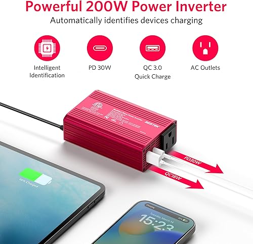 Miniatura 3 de BESTEK Inversor de corriente para automóvil de 200 W con USB dual PD 30 W QC 3.0 18 W y CC 12 V a CA 110 V, adaptador de cargador de coche y enchufe