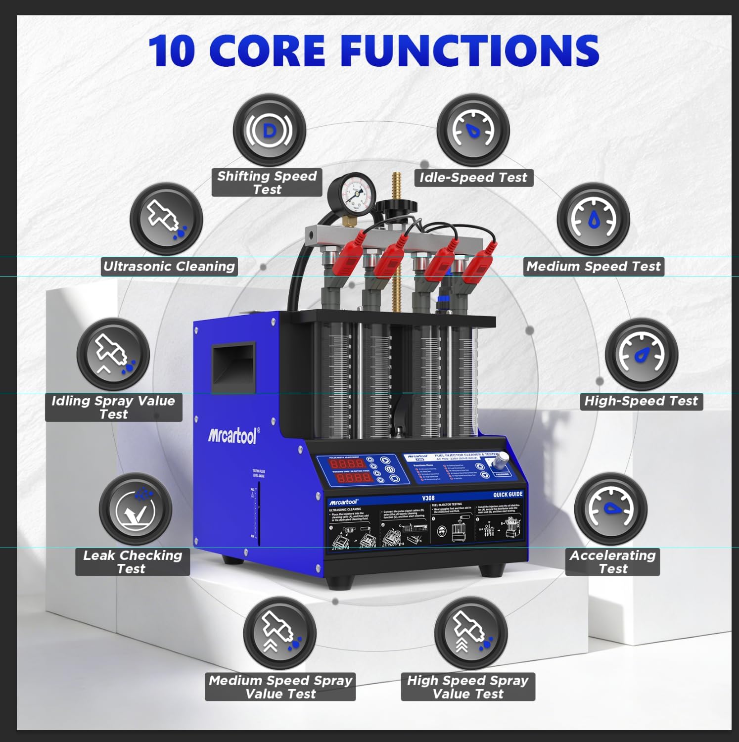 Mrcartool V308 Fuel Injector Cleaner Machine 4-Cylinder Injector Cleaner Tester 110V Heated Ultrasonic Fuel System Injection Cleaning Kit for Diesel Gasoline Car Motorcycle