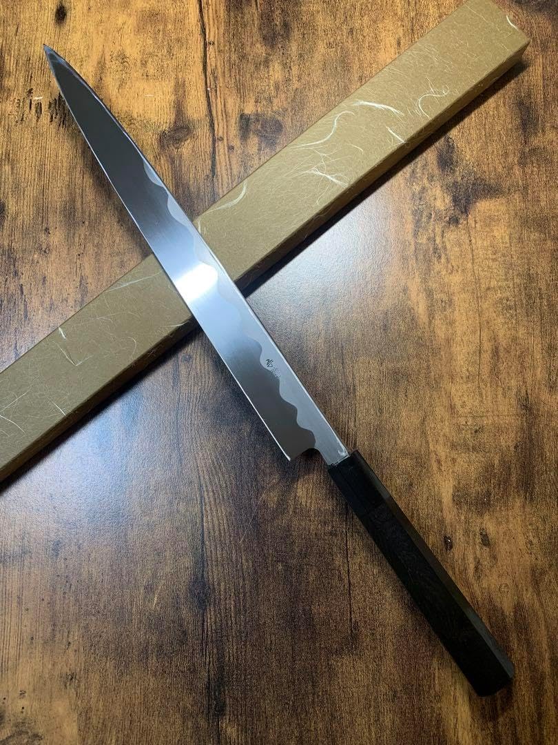 無銘樋付き柳刃包丁 波紋模様 白鷺 切付 柳刃 和包丁 青