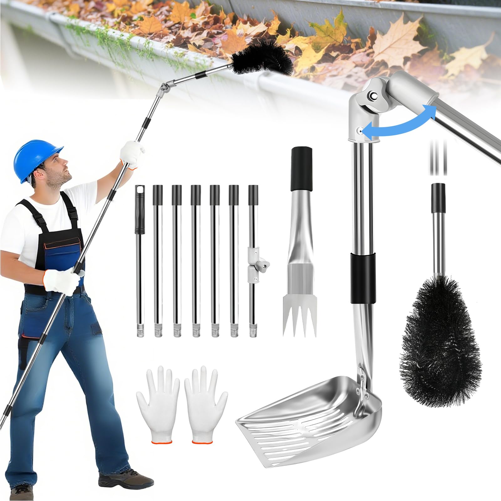 Photo 1 of 10.5FT Gutter Cleaning Tools from the Ground, Adjustable Length Gutter Cleaning Pole with Gutter Scoop, Gutter Brush, Gutter Rake, Efficient Gutter Cleaner for Leaves, Twigs & Debris