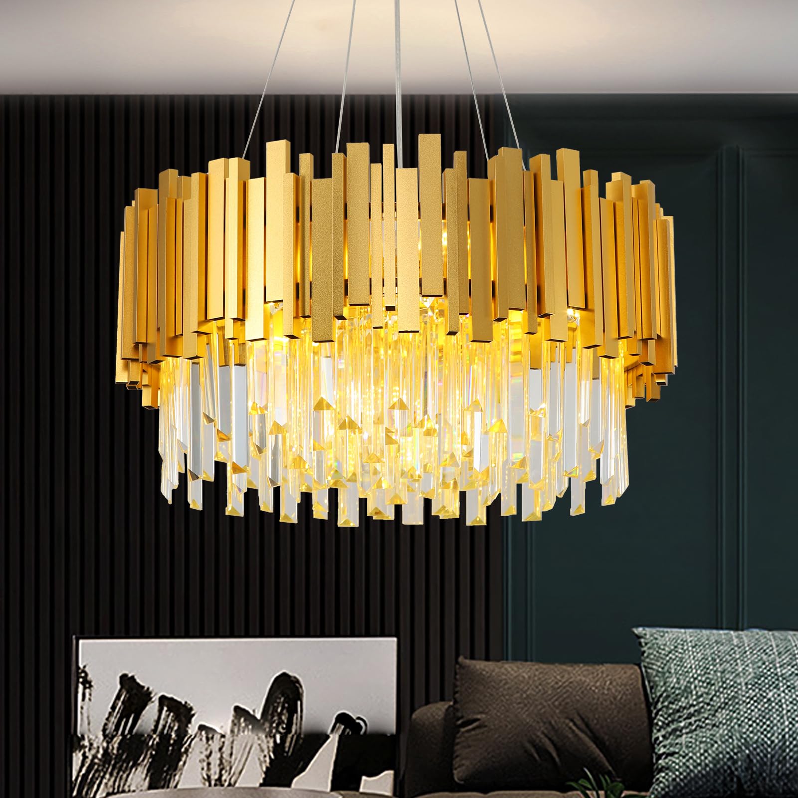 Lampadario Moderno di Cristallo, Oro Lampada a Sospensione Rotonda di Cristallo, 9×E14 Portalampada Luce Pendolare per soggiorno, sala da pranzo