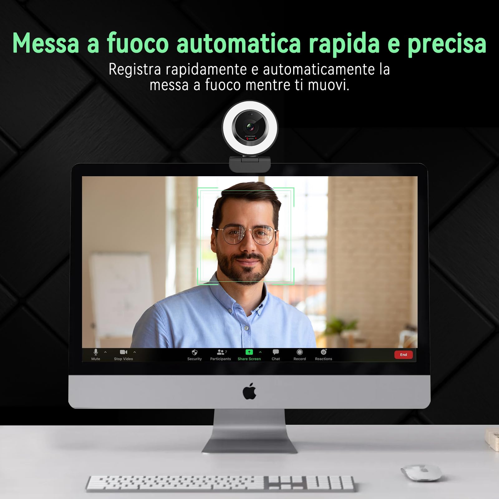 Angetube Webcam per PC, fotocamera USB 1080P/30fps con luce ad anello, Copertura Privacy, Autofocus, Microfono, Plug & Play Web Cam Per Zoom/Teams/YouTube, Laptop & Desktop