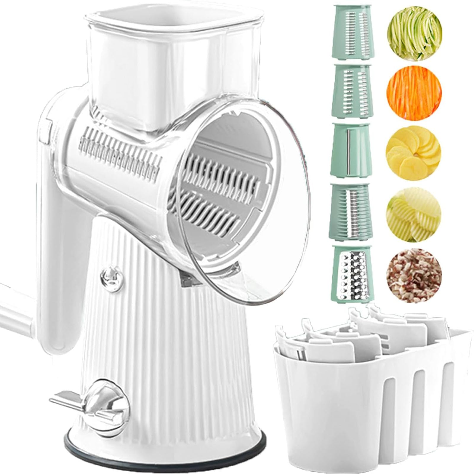 Le d Affaires 5 in 1 Rotary Cheese Grater Vegetable Slicer, Cheese Grater Hand Crank, Kitchen Artifact 5 in 1 Food Chopper, Rotary Cheese Grater with Handle, Hand Crank Food Chopper,White-5