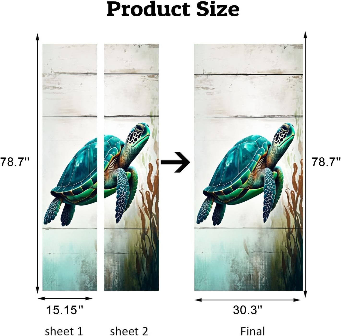 Door Stickers Peel and Stick Door Mural Beach Ocean Coastal Teal Vintage Nautical Sea Turtle Marine Removable Wallpaper 30.3''x78.7'' Self-Adhesive Mural for Kitchen Living Room Bedroom Decor
