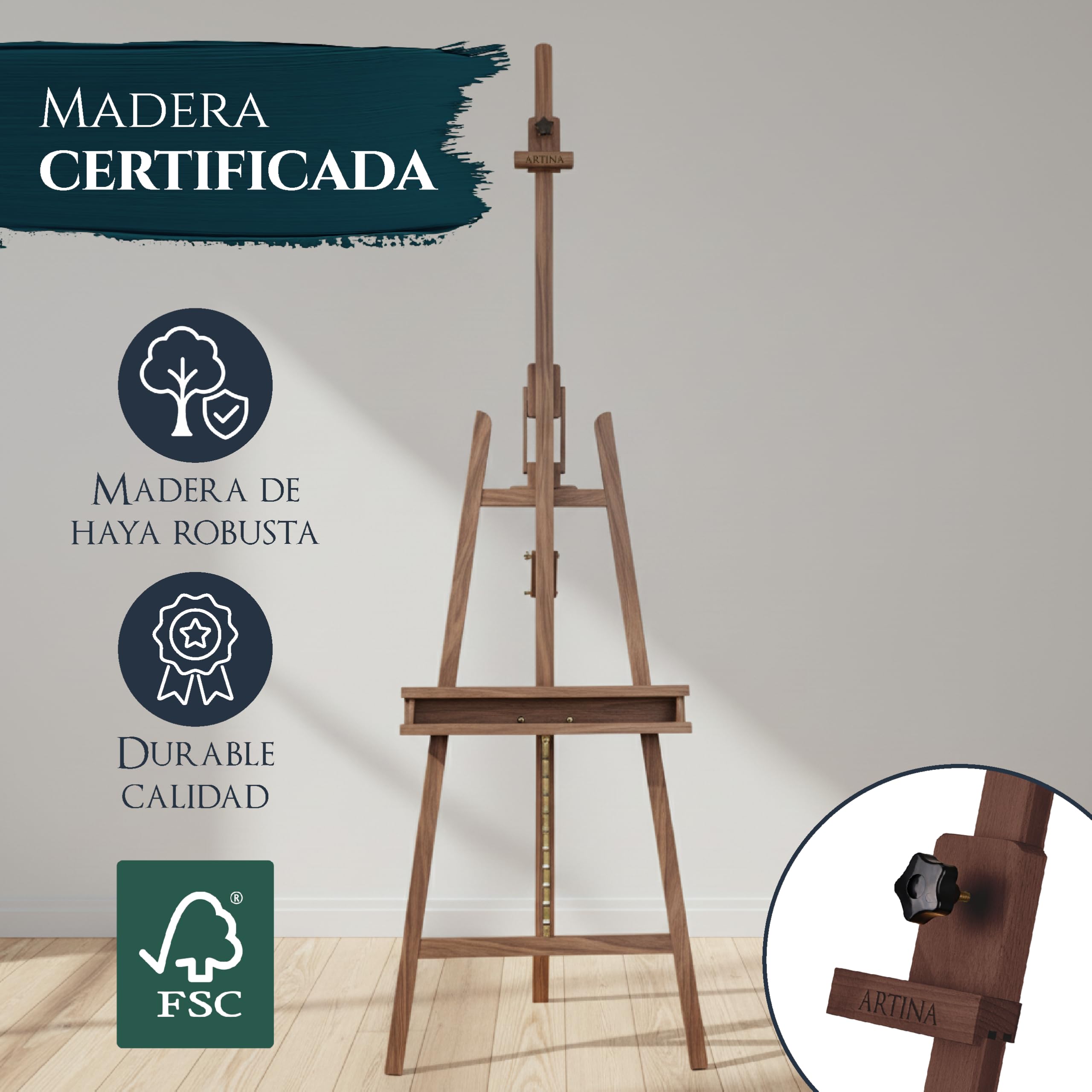 Artina caballete madera pintura profesional FSC® con doble soporte altura | bastidores con 120cm - 225cm ajustable para pintar lienzos grande Caballetes plegable bastidor pie atril oleo Barcelona