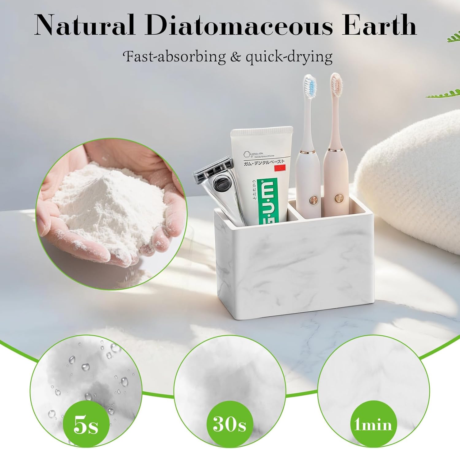 Luxspire Toothbrush Holder, Fast Drying Tooth Brush Holder for Bathroom, Diatomite Electric Tooth Brush and Toothpaste Organizer for Bathroom Kitchen Vanity Countertop, Marble White - Image 2