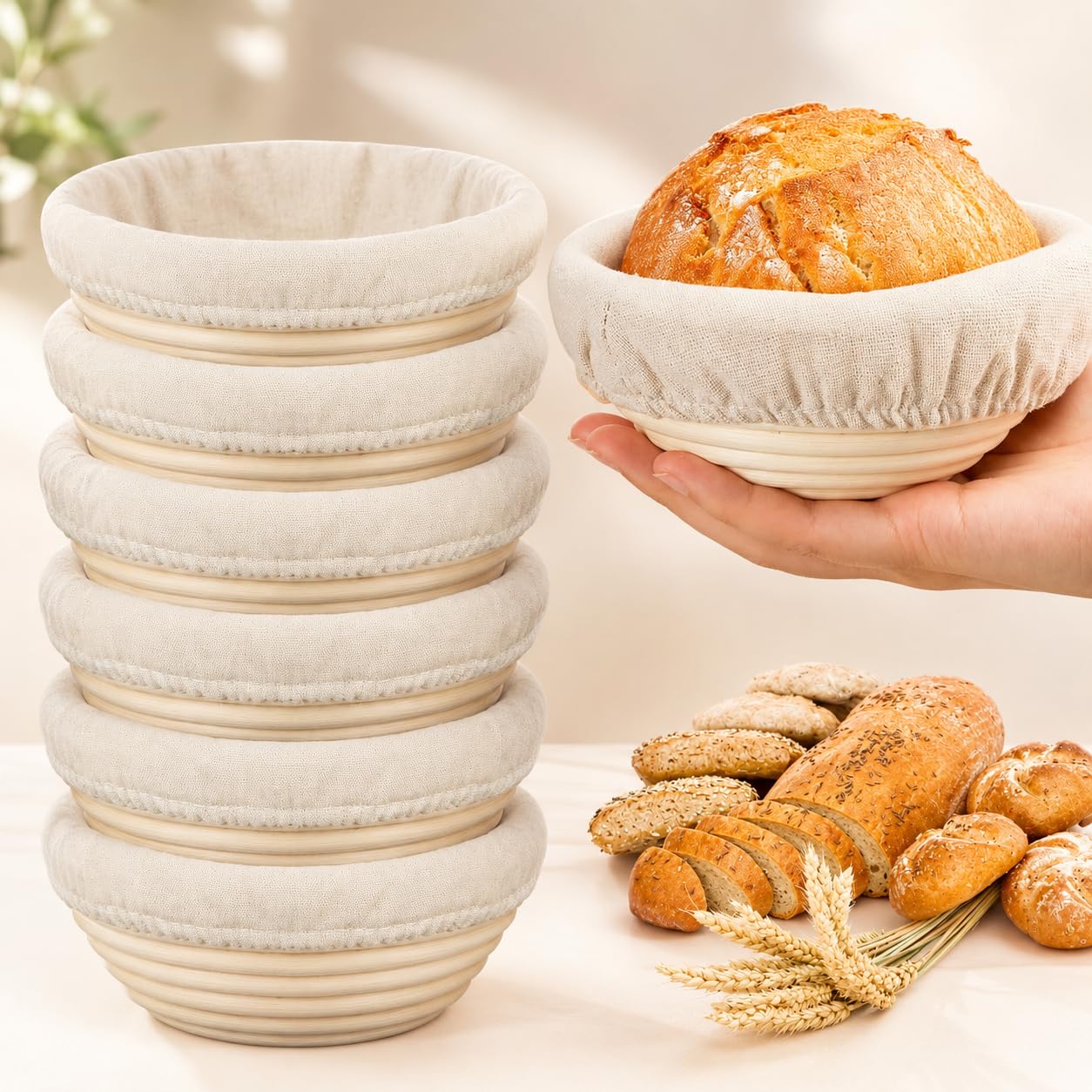 Banneton - Cesta de prueba de pan, 6 cestas pequeñas de 6 pulgadas, cesta de prueba de masa madre con ratán natural para panaderos profesionales y domésticos