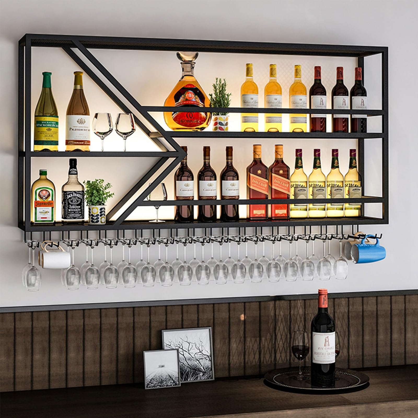 Grand support à bouteilles et verres à LED en métal et fer forgé pour décoration intérieure