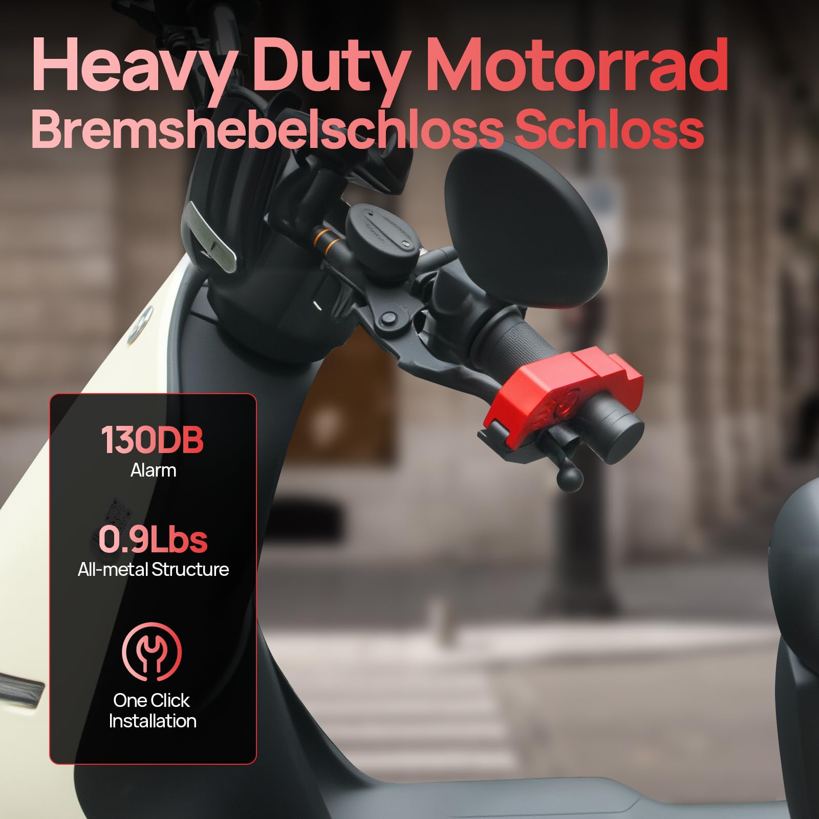 Motorrad Bremsschloss Alarm 130DB, Schwere Aluminium Motorrad Schloss Alarm | IP65 Wasserdichte, Anti Diebstahl Lenker Schloss, Hohe Sicherheit Bremshebelschloss für Moped, Fahrrad, E Scooter, ATV
