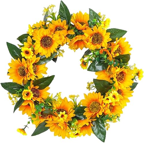 Miniatura 2 de Bothyi Corona de flores artificiales, corona de girasol, aro de ratán, corona de puerta delantera, adorno colgante para vacaciones, boda, telón de