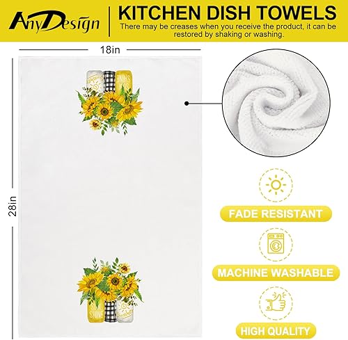 Miniatura 2 de AnyDesign Toalla de cocina de verano, Hello Sunshine, paños de cocina de girasol, diseño de flores amarillas para secar a mano, para cocinar de