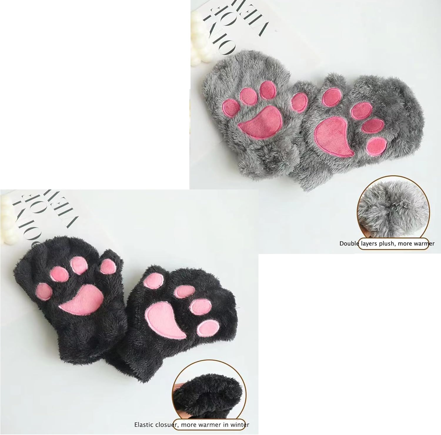 2 pairs Cat Claw Bear Kawaii Paw Fingerless Winter Plush Gloves Cosplay Faux Fur Plush Cat Gloves for Girls Women - Image 7