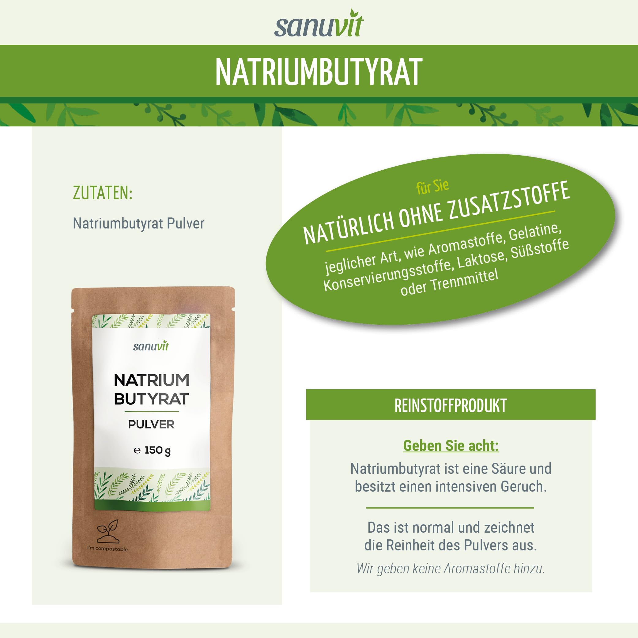 Sanuvit® Natriumbutyrat | 150 g pro Beutel | Ohne Zusätze | Quelle für Buttersäure | Hohe Bioverfügbarkeit und Verträglichkeit | Vegan | Qualität aus Österreich