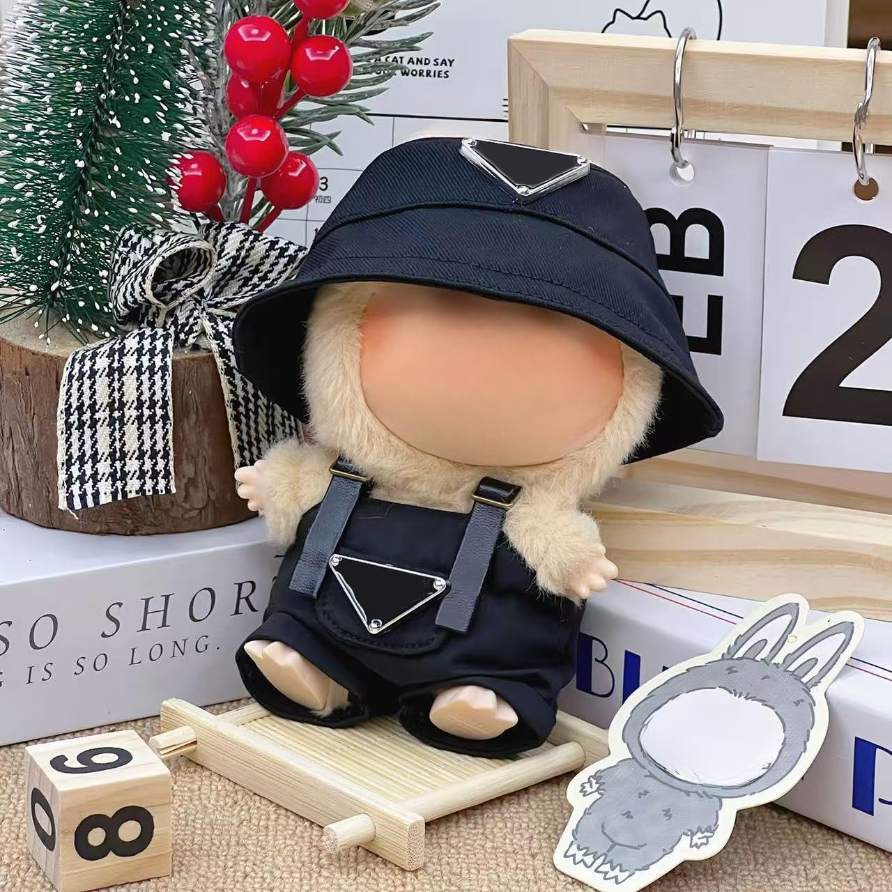 Doll Clothes for Labubu, 2-Piece Black Doll Outfit Set for 5.91"-6.69" Dolls, Stylish Bucket Hat and Overalls, Adorable Outfit for Collectible Dolls
