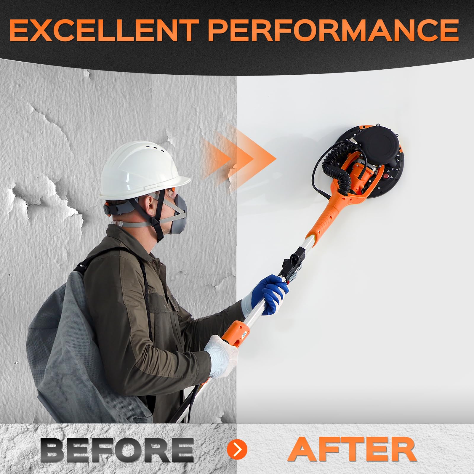 Herramienta de eliminación de techo de palomitas de maíz de 8,5 amperios con 7 velocidades variables 800-1800 rpm, lijadora eléctrica de paneles de yeso con mango extensible, luz LED, 6