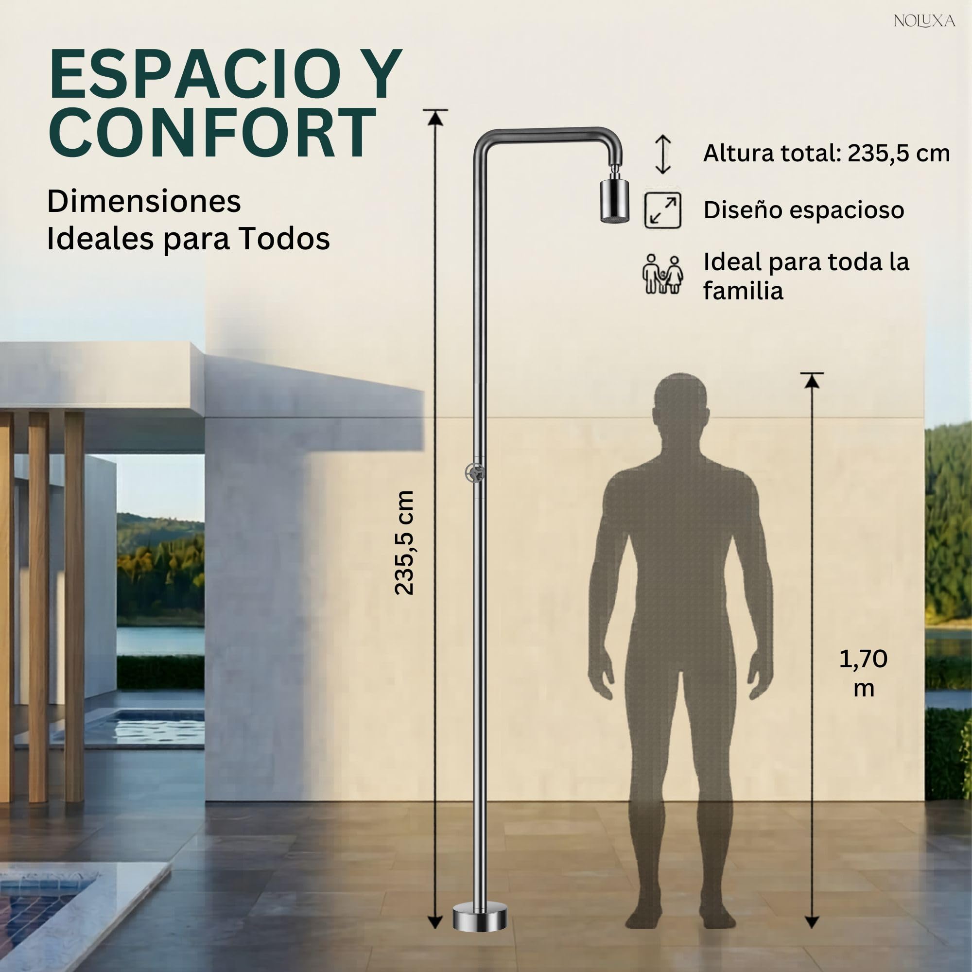 NOLUXA IMEX - Ducha Piscina Exterior Acero S.316 | Ducha Empotrada Suelo para Jardín, Piscina y Terraza | Grifería 1 vía (Agua Fría) con Rociador y Tratamiento Anticorrosión | Serie Pool