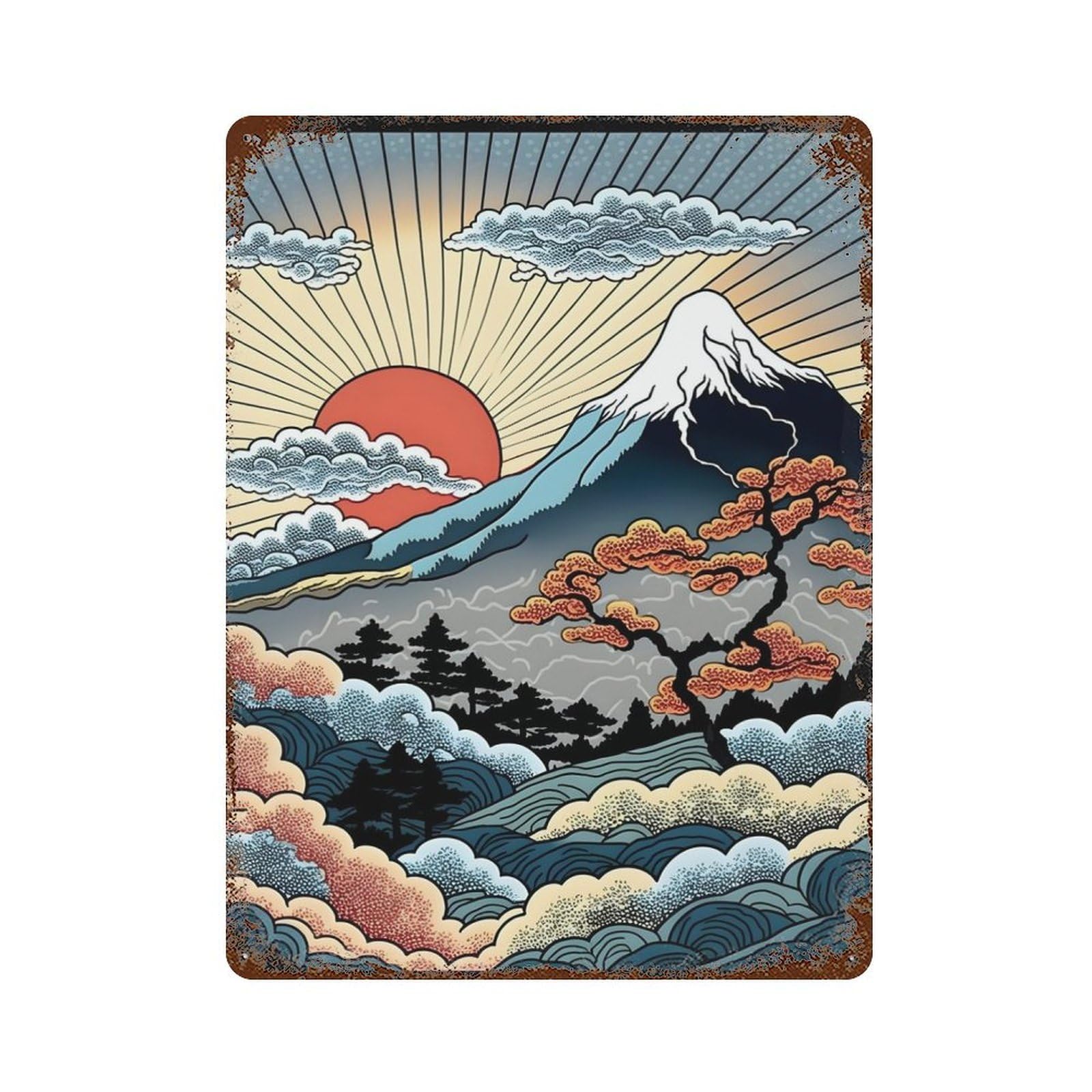 Rust Effect Fuji Sunrise Retro Art Weathered Tin Sign 15.7"x11.8", Classic Wall Plaque for Living Room, Hallway And Home Decor