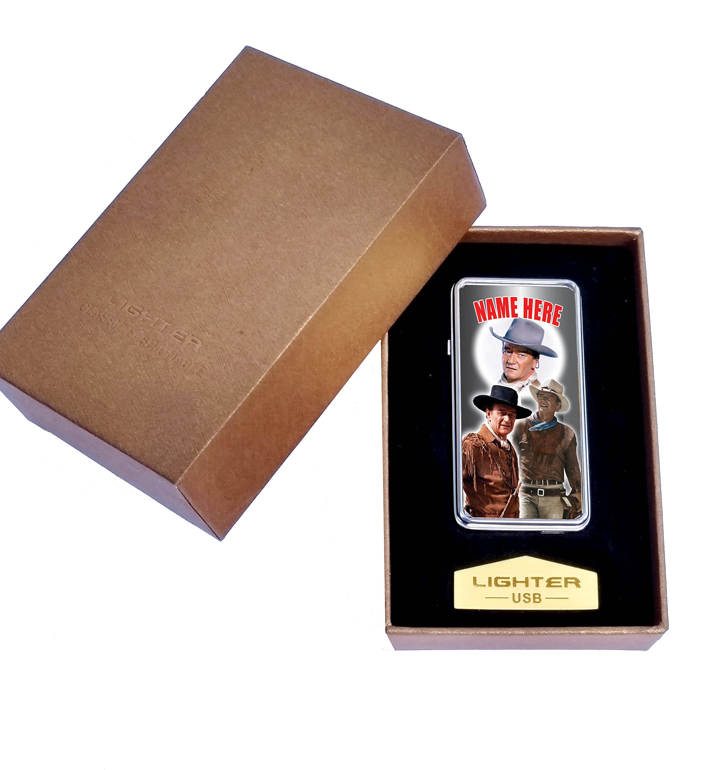 J Wayne Personalised Movie Icon Rechargeable Gift Boxed Silver Metal USB Lighter Cowboy Western