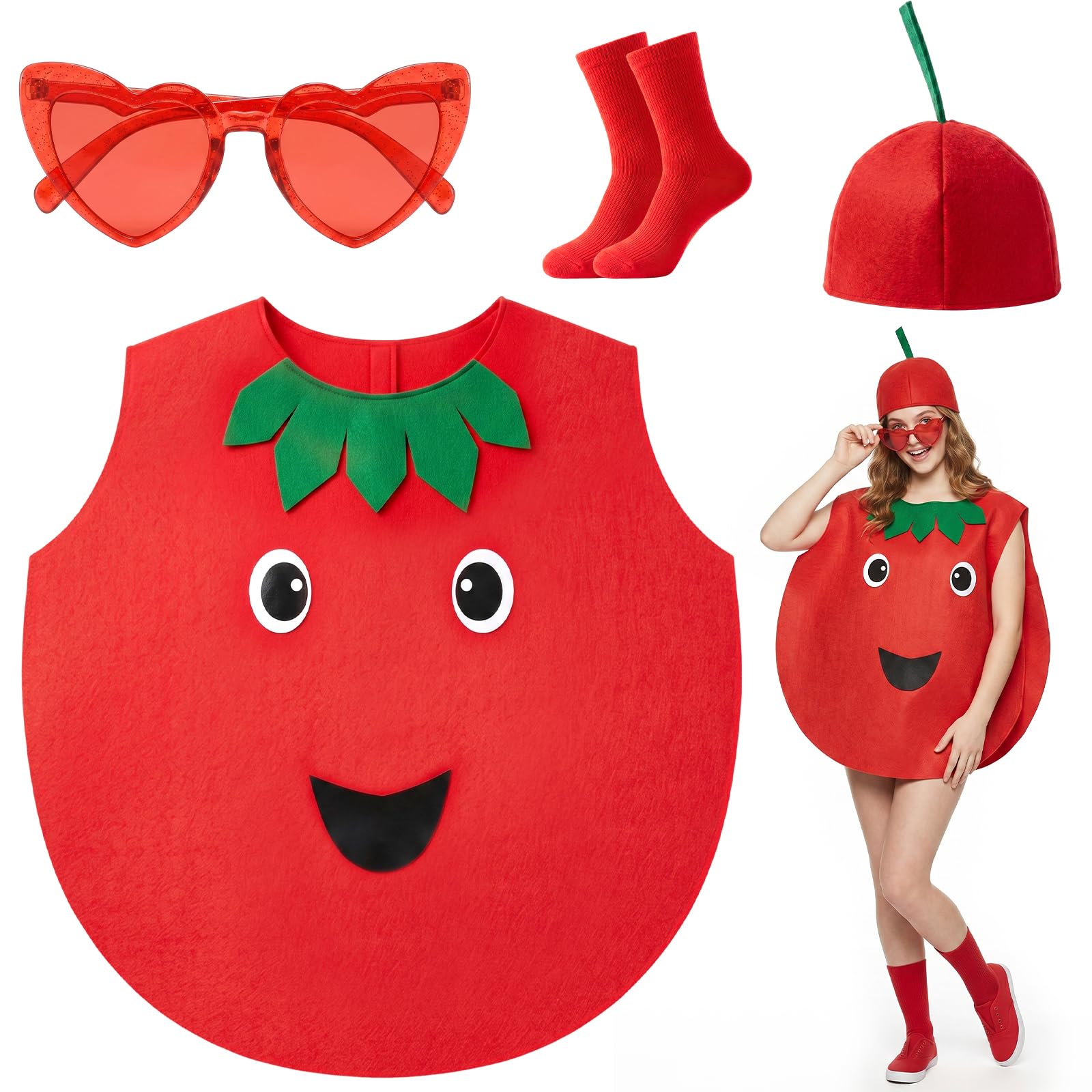 Dazzroi 4Pcs Adult Tomato Costume Set, Funny Fruit Fancy Dress for Men Women, Lightweight Vegetable Outfit with Red Hat Tomato Suit Heart Glasses Socks for Halloween Themed Parties Role Play