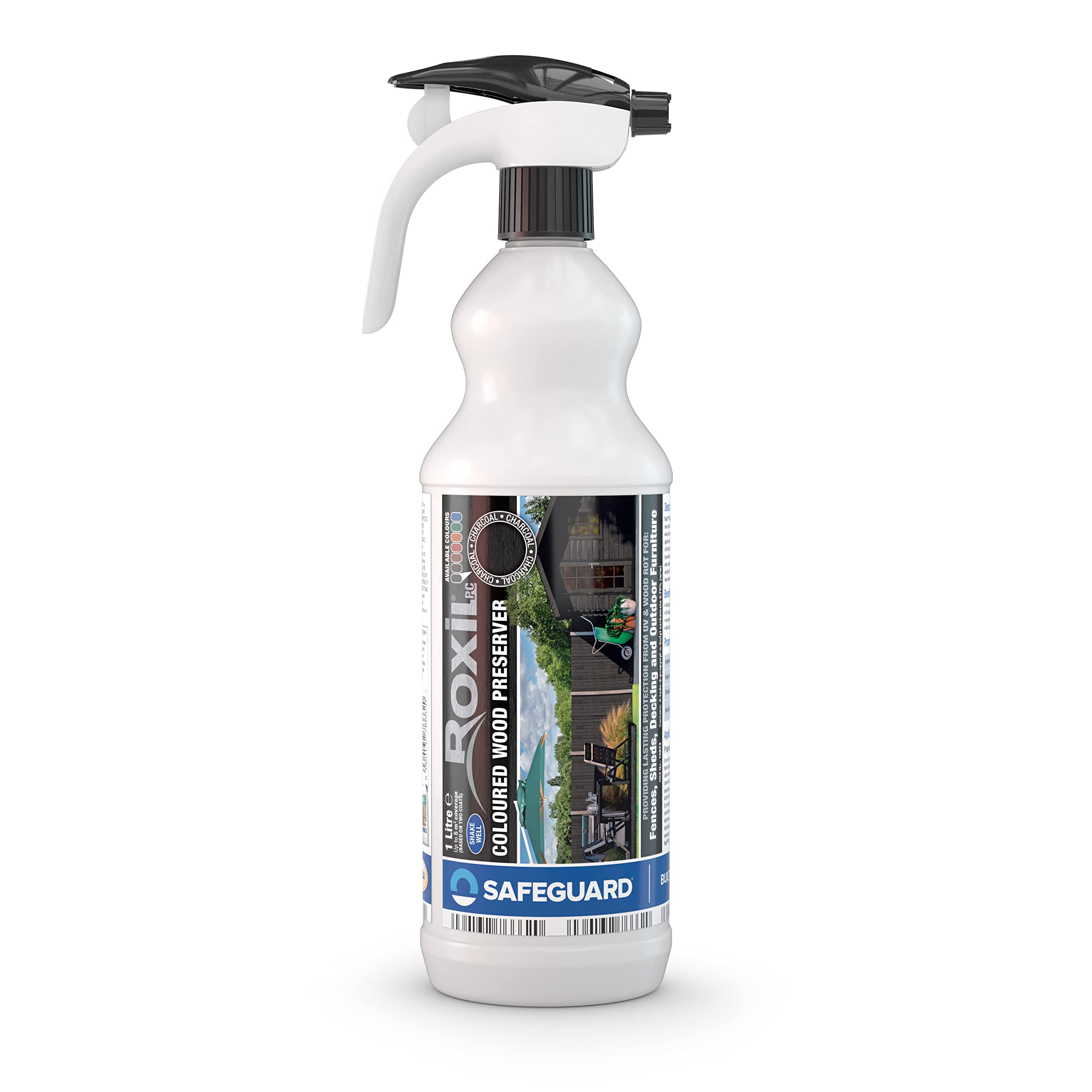 Roxil Wood Stain Preserver (Charcoal, 1 Litre Spray) - Fast-Drying Satin Finish for Decking, Fence, Shed, Furniture. Up to 5 Year Protection for Indoor & Outdoor