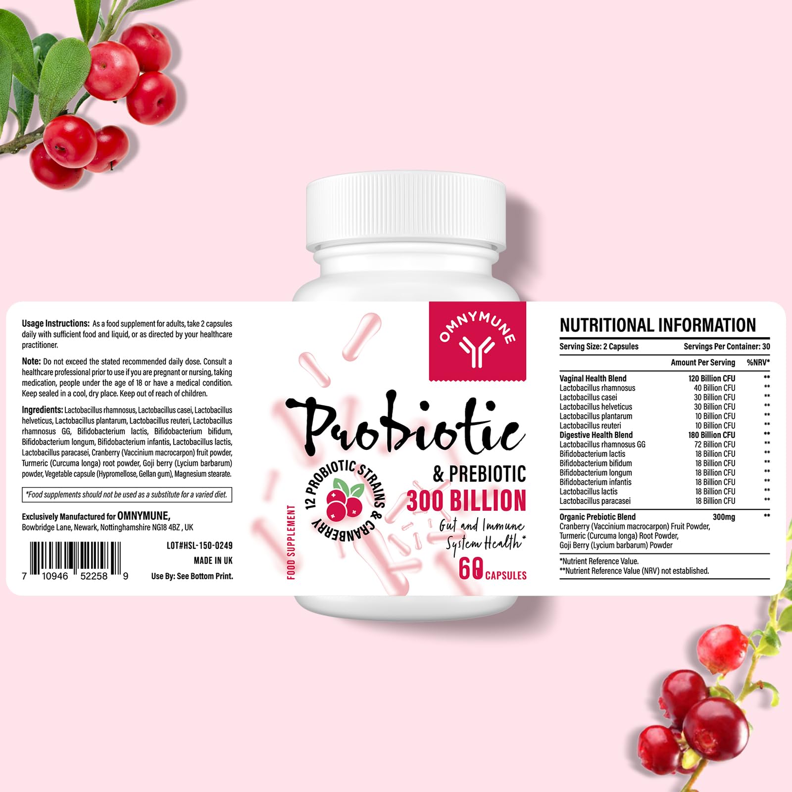 Probiotiques pour Femmes – Flore Intime & Microbiote, Canneberge, 12 Souches, 120 Gélules