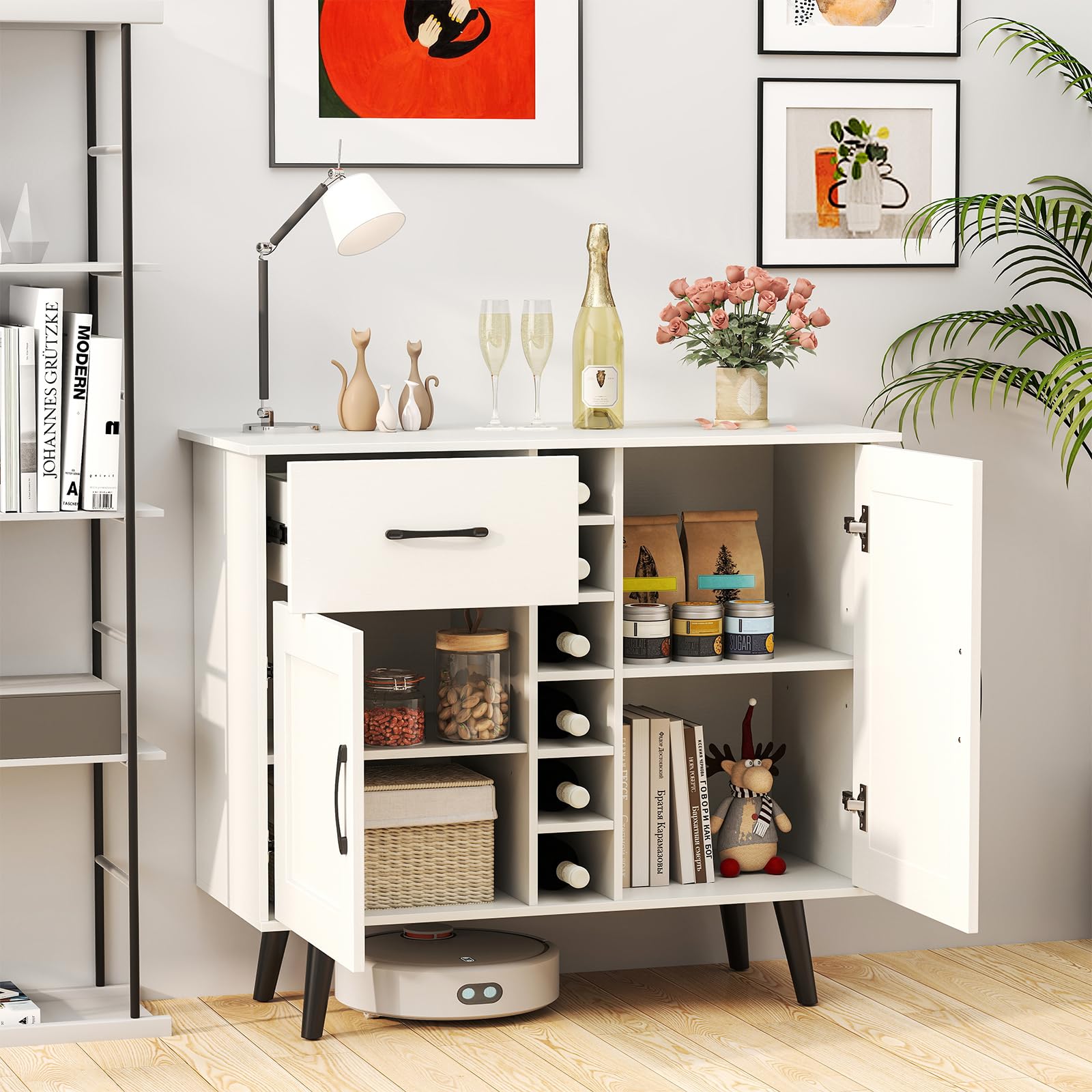 COSTWAY Credenza Buffett da Cucina con 6 Cubi Porta Bottiglie di Vino, Mobile da Cucina con Cassetto, 2 Ante e 2 Ripiani Regolabili, Armadio in Legno Salvaspazio per Soggiorno, 90 x 40 x 79 cm, Bianco