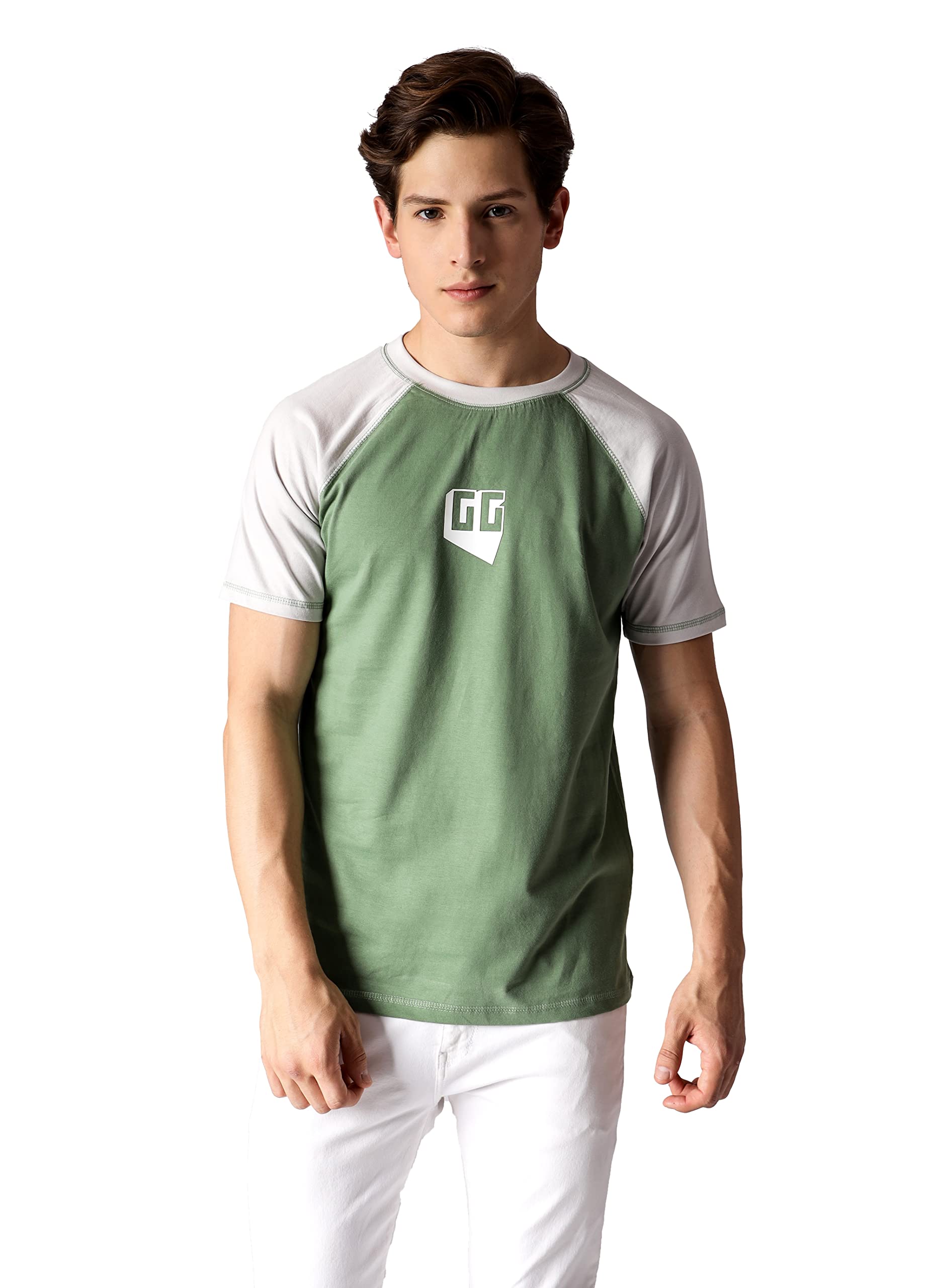 Starton ApparelApparel Men's Round Neck Combed Cotton GG 3D Print Mint Light Grey Raglan Half Sleeve T-Shirts for Men (STM-010)