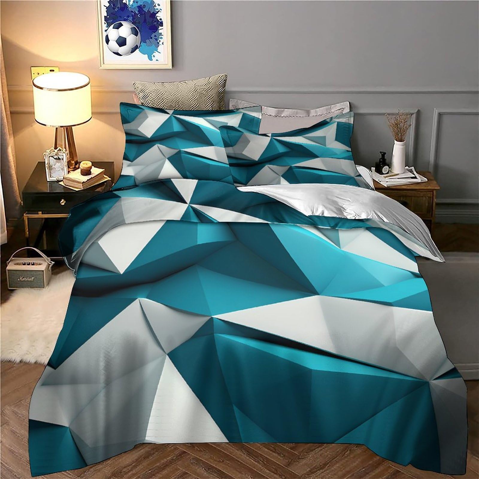 Geométrico Abstracto 3D Impresión Funda de edredón 3pz Microfibra Transpirable Diseño Moderno Azul y Blanco Edredón Funda 2 Fundas Cremallera Niños Adolescentes King（220x240cm）