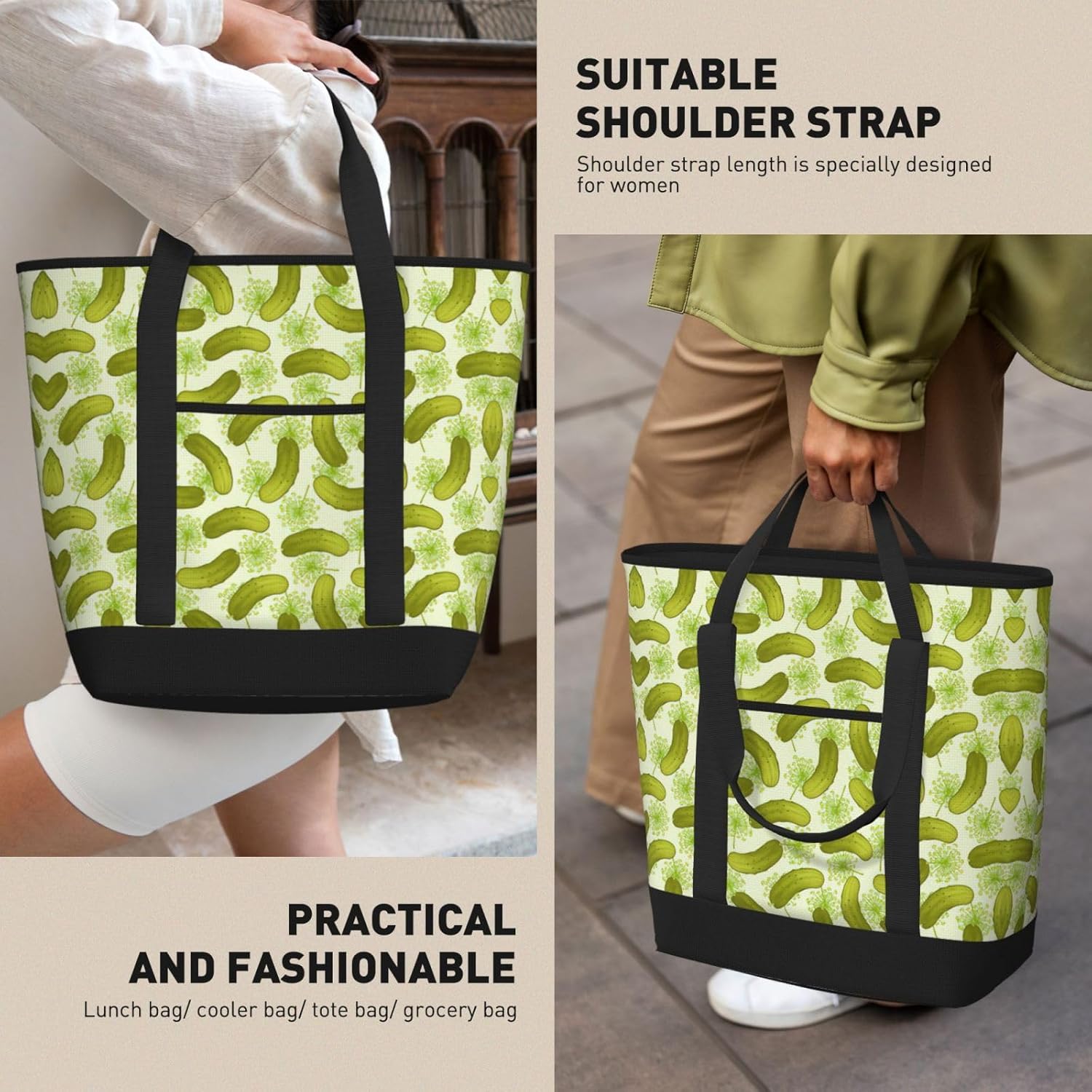 Sushi Dill Pickles Print Large Cooler Bag Tote Bag,Reusable Grocery Bag,Lunch Box Bag, For Picnic Beach Camping