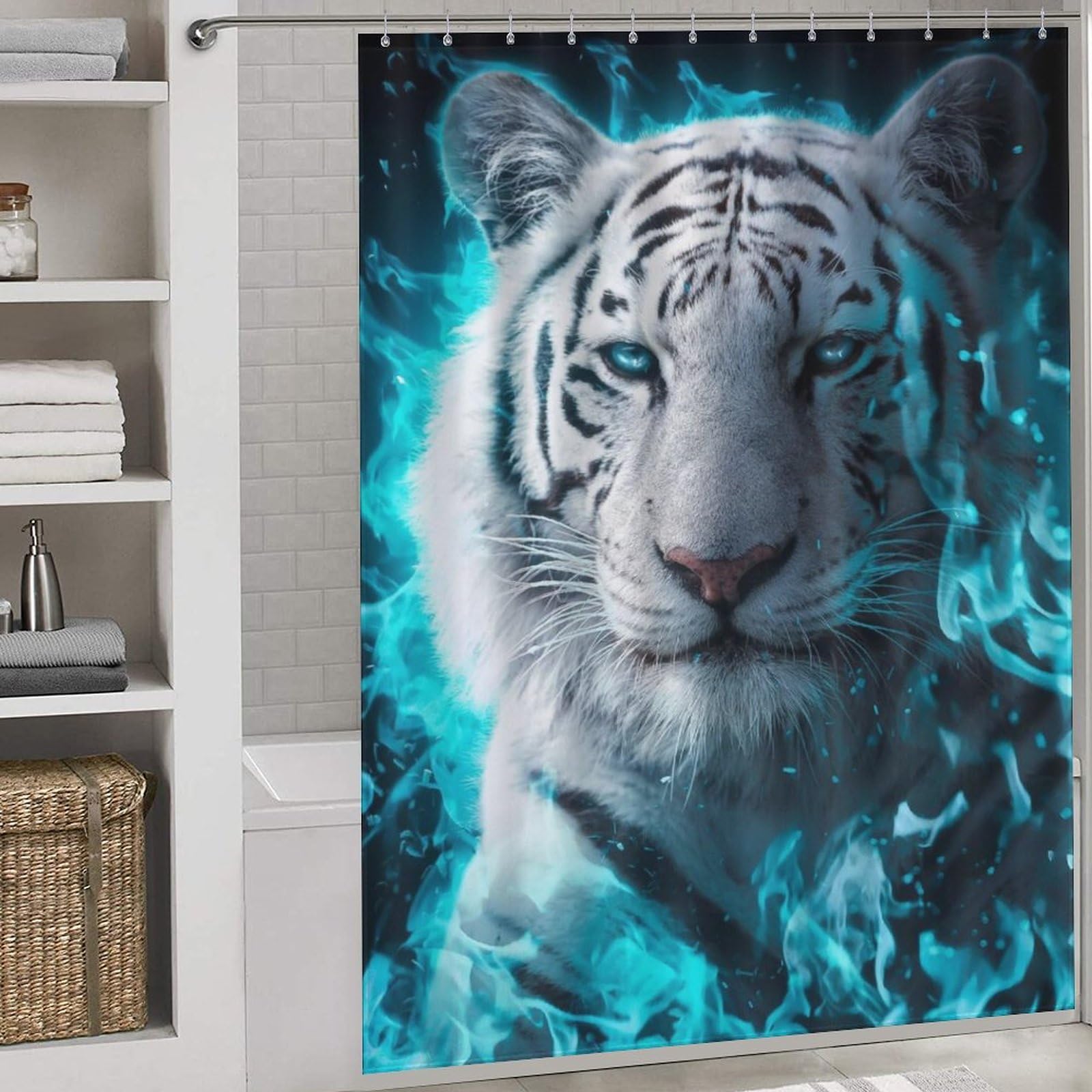 Rideau douche tigre blanc anti éclaboussures pour baignoire et bain