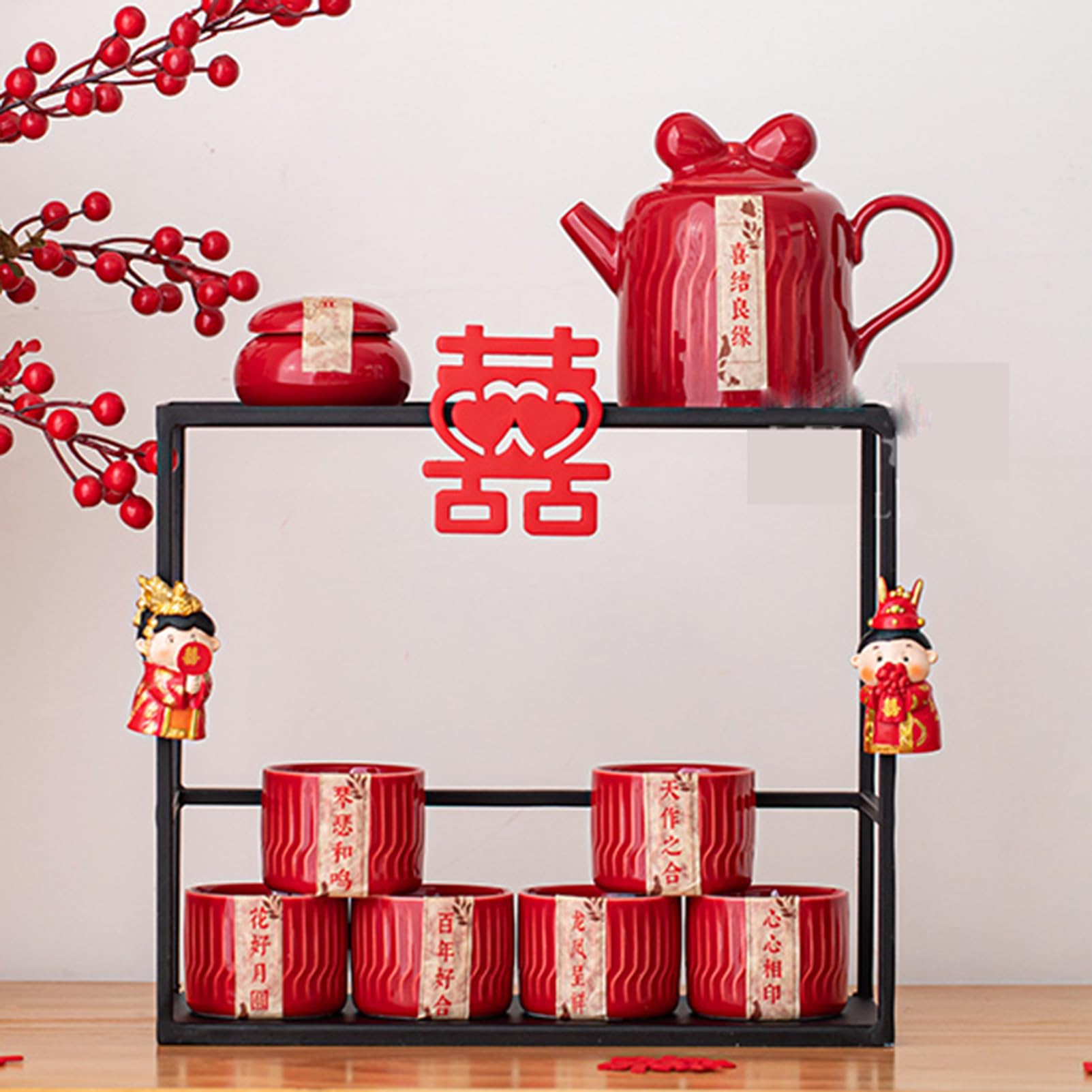 Service à thé KungFu en céramique rouge avec 1 théière et 6 tasses pour mariage