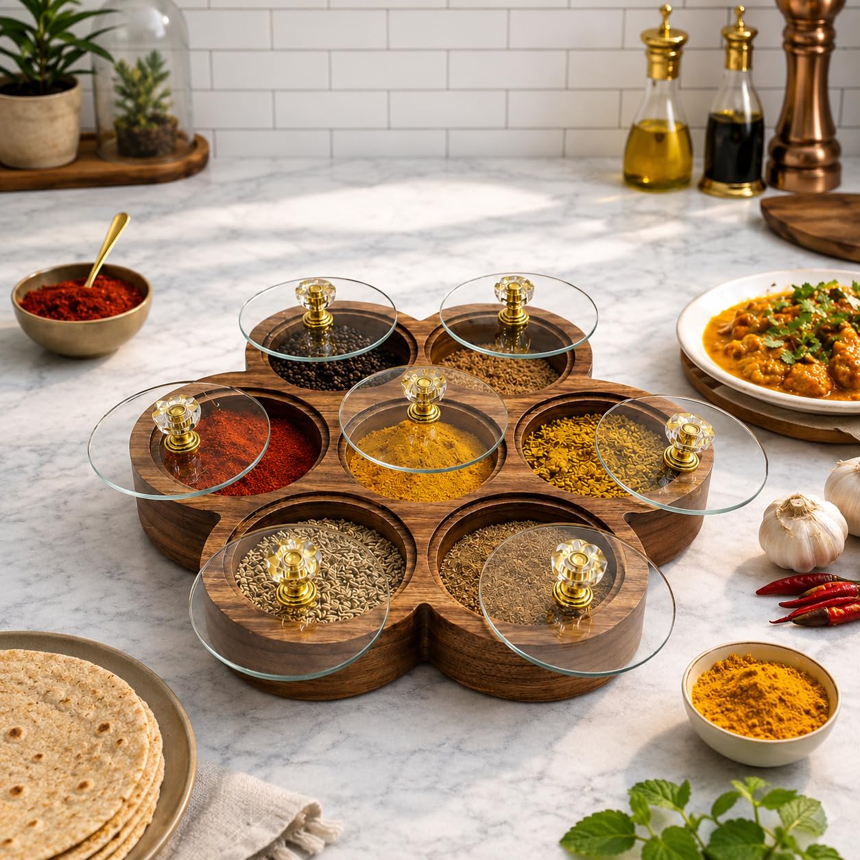 Buy NEW METAL TRENDS Acacia Wooden Masala Box with Acrylic Lid, 7