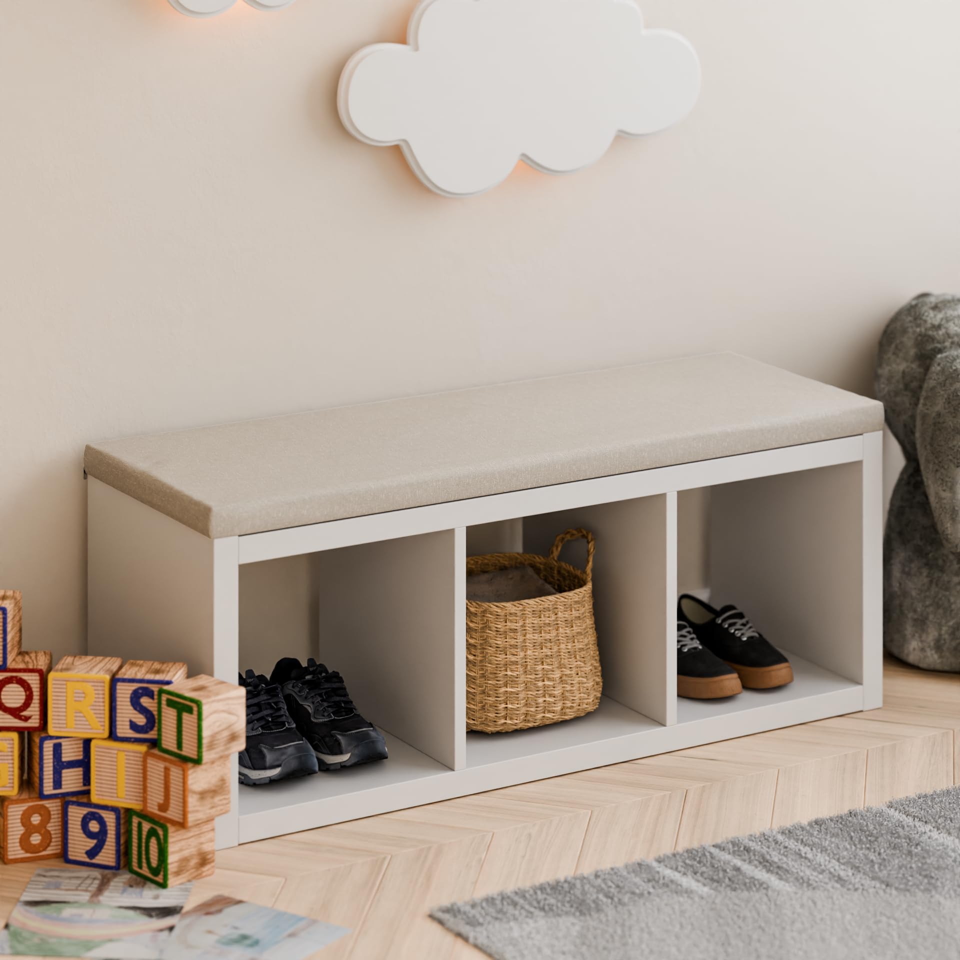 Sitzauflage für Kallax Regal 1x2, 1x3 und 1x4-4cm dickes Sitzkissen, Polster + waschbarer Bezug mit Reißverschluss - Ideal für Sitzbank im Flur & Kinderzimmer, in Grau oder Beige (111, Beige)