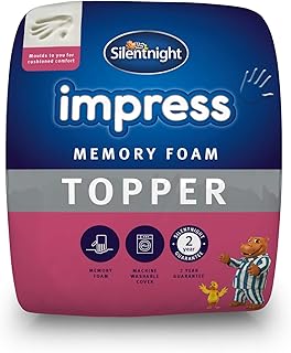 Silentnight Impress Memory Foam Mattress Topper - 7cm Extra Thick Luxury Orthopedic Double Mattress Topper for Back and Neck Pain - Removable Washable Cover ,White