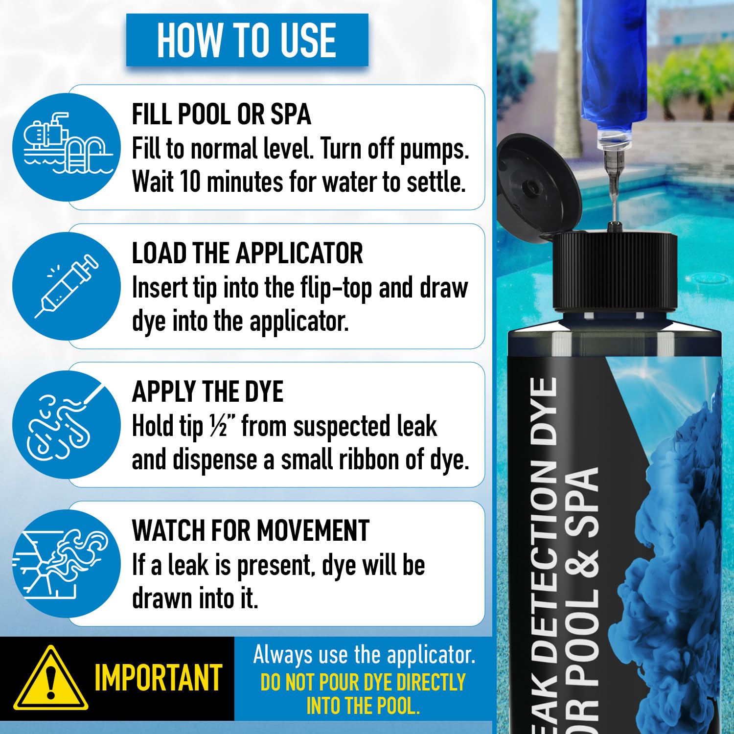 Kit de tinte para detección de fugas de piscina, más de 75 pruebas, 2 aplicadores de precisión de acero inoxidable, tinte superior de larga duración para alberca que localiza fácilmente fugas, para