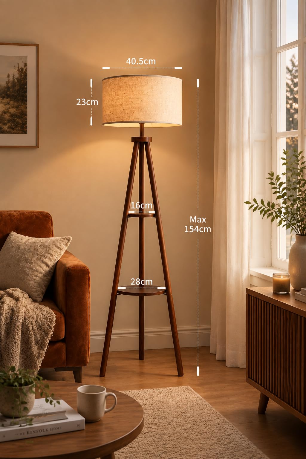 Lampa podłogowa statyw z abażurem lnianym, podwójne półki do salonu, bez żarówki