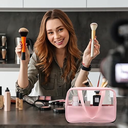 Miniatura 7 de Reginary 6 bolsas de maquillaje transparentes grandes, organizador de artículos de tocador con cremallera y correa de asa, bolsa de cosméticos