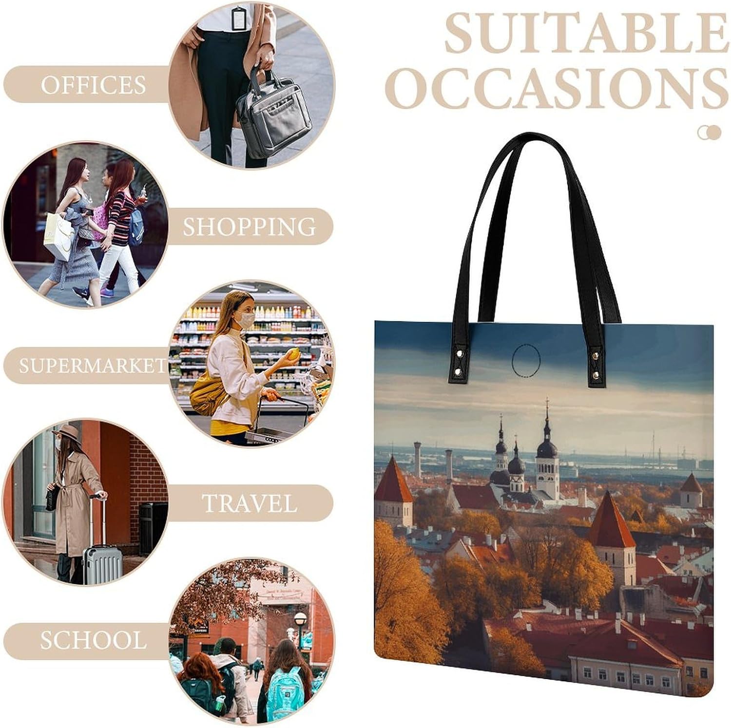 Tallinn Estonia Cityscape Tote Bag with Magnetic Buckle Reusable Grocery Bags Lightweight Cross Body Handbag for Daily Essentials