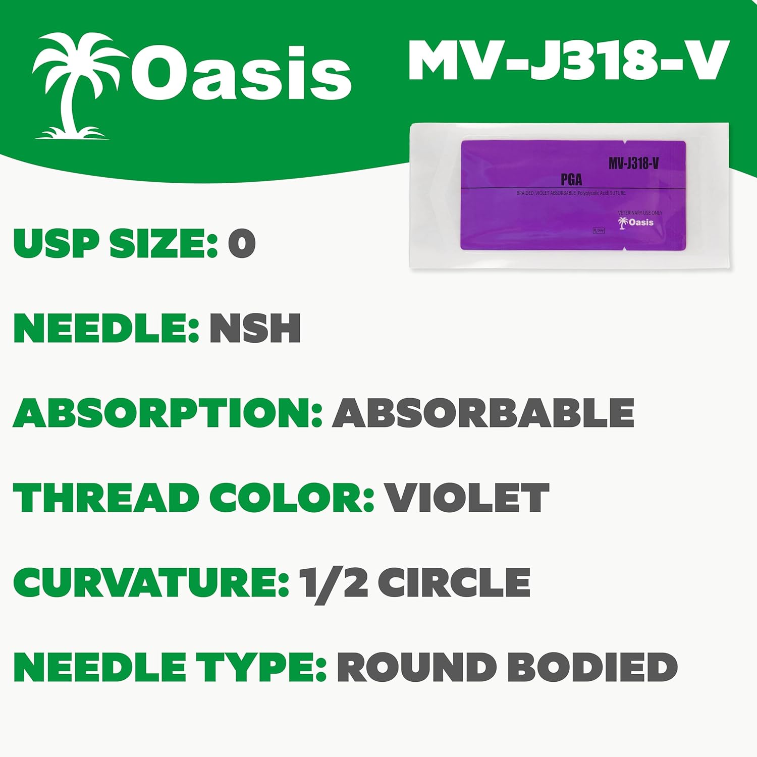 Oasis Vet PGA (Polyglycolic Acid) Surgical Suture, 0, (SH) 1/2 26mm Round Bodied Needle, 75cm, 12/Box, Veterinary Use