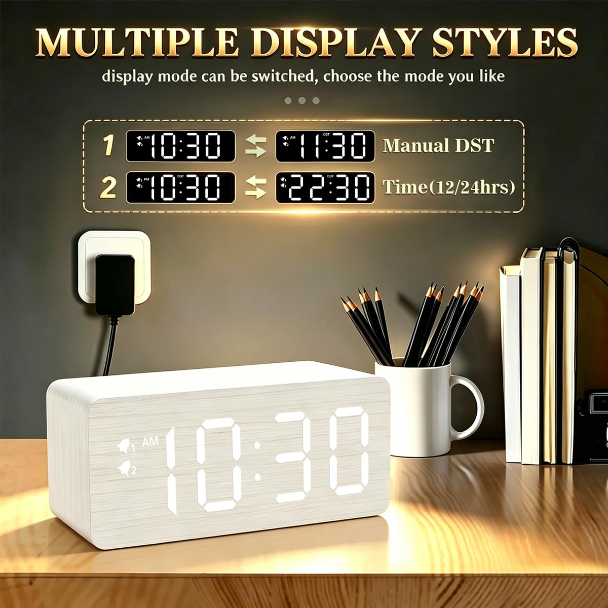 URAYCO Reloj despertador digital de madera, estación de carga inalámbrica rápida de 10 W y 2 puertos de carga USB, con regulador de 0 ~ 99%, alarma dual, modo de día de semana/fin de semana, reloj LED