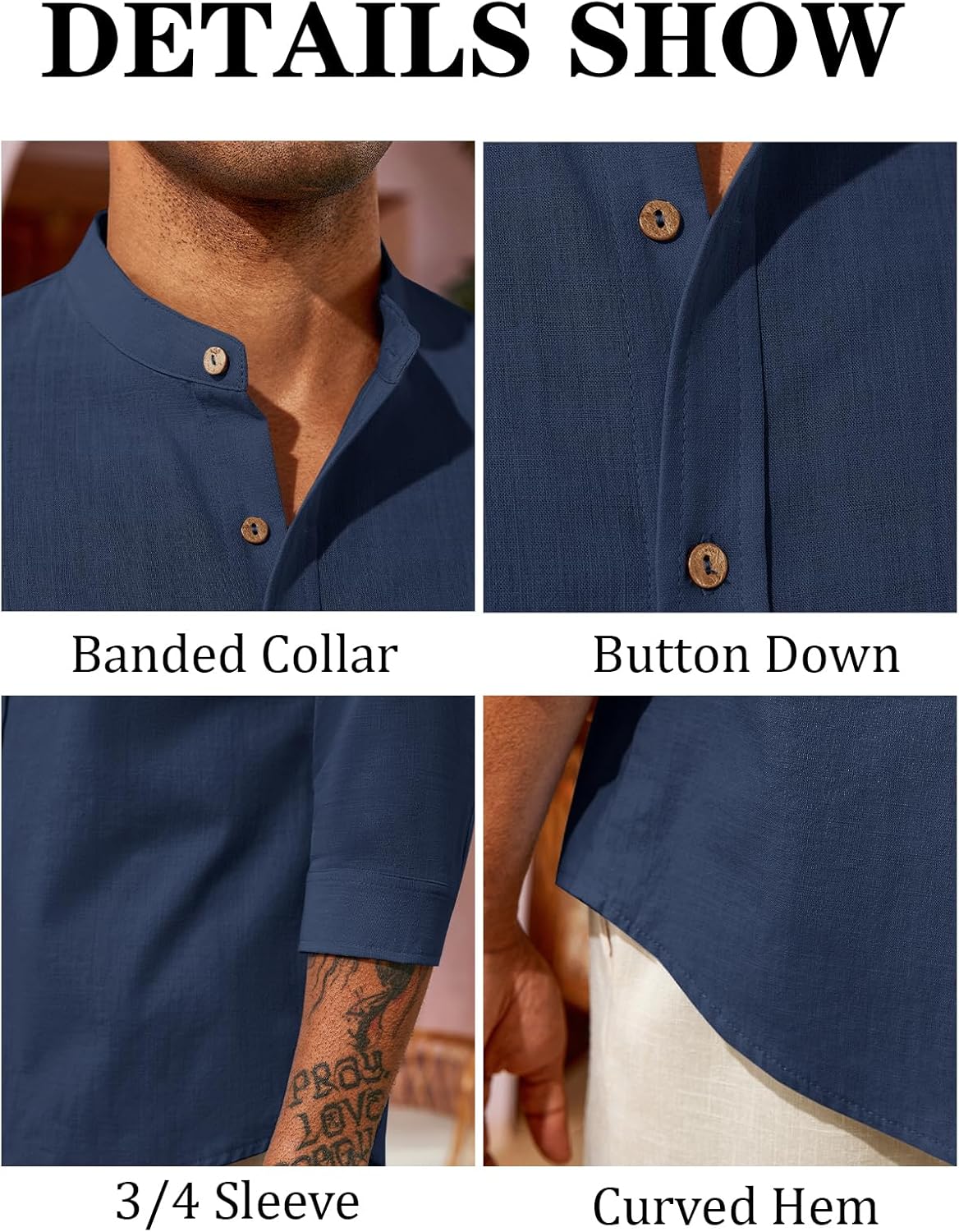 Runcati Mens Casual Linen Shirts 3/4 Sleeve Button Down Banded Collar Summer Beach Shirt - Image 5