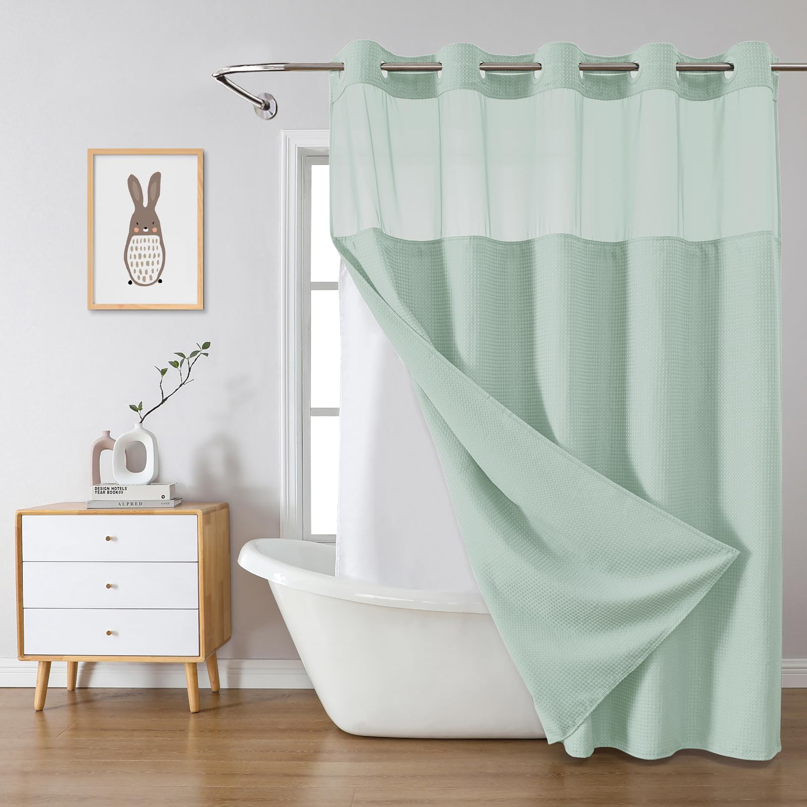 eachope MintGreen No Hook Waffle Weave Shower Curtain with snap-in Liner Replacement, 230GSM Waterproof Fabric Hotel Shower Curtain Set for Bathroom,