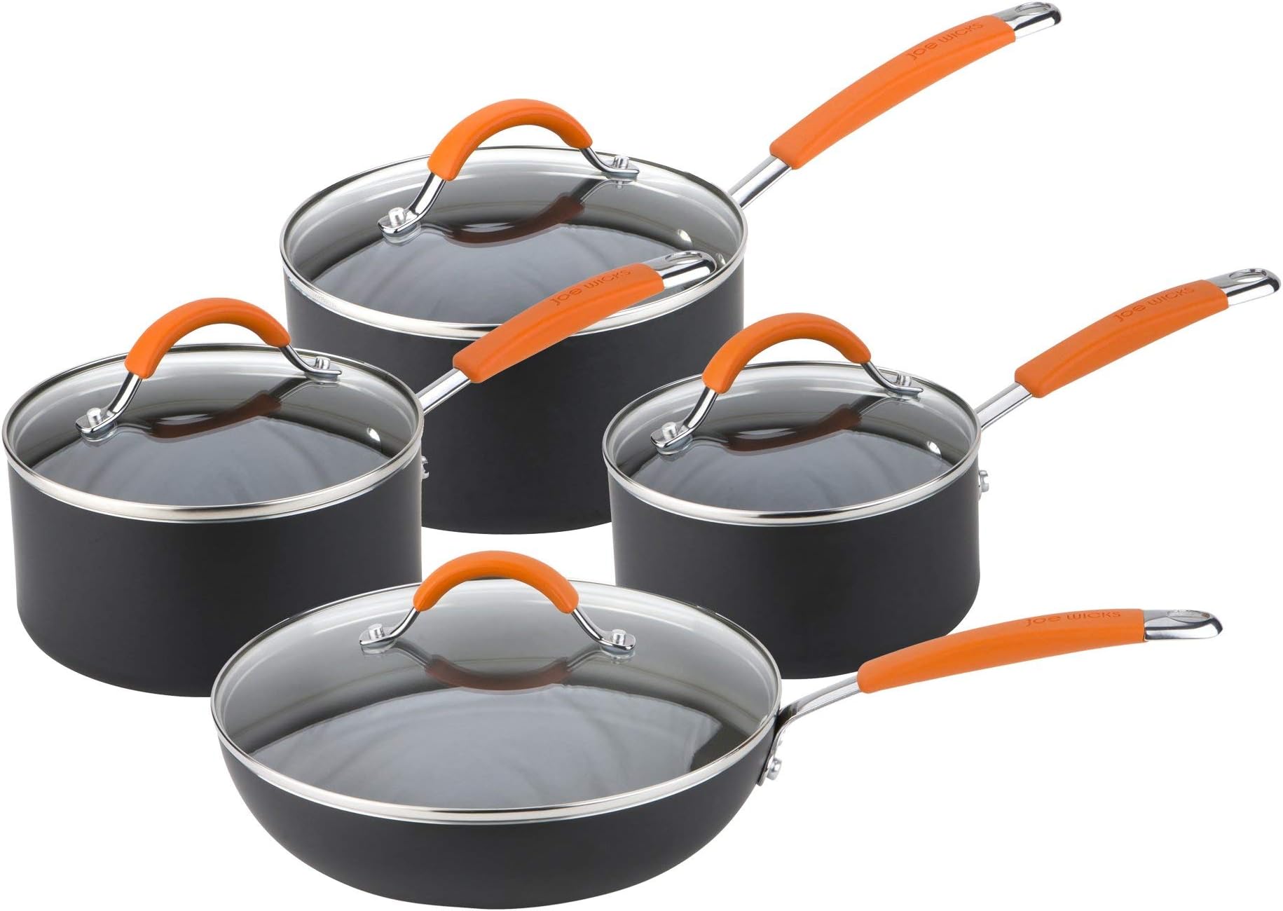Joe Wicks 66772 Easy Release Aluminium Non-stick Cookware - 4 Piece Saucepan and Pan Set, Black and Orange