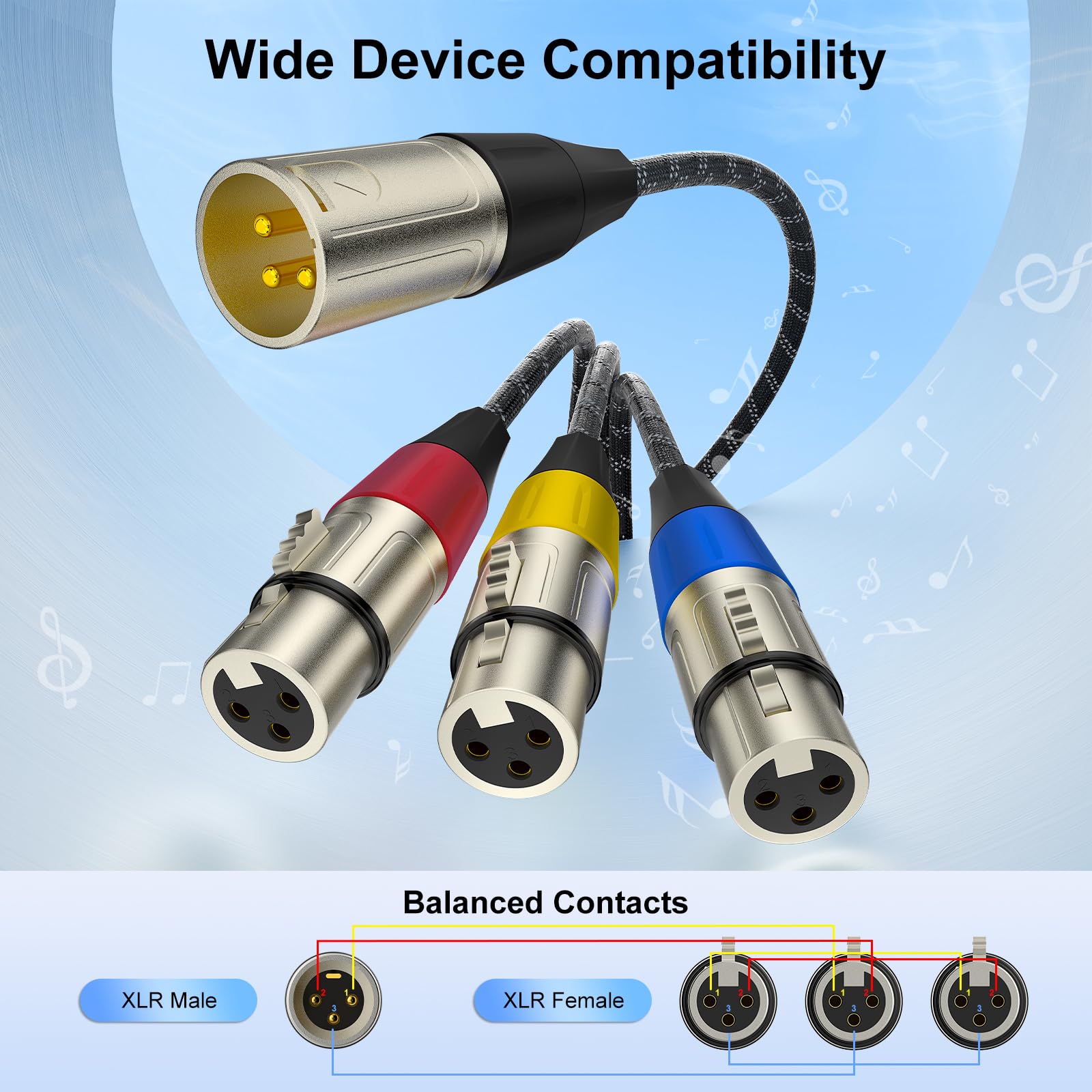 J&D XLR Splitter Cable, Gold Plated 3 Pin XLR 1 Male to 3 Female Adapter, Balanced Microphone Cord for Mixer AMP, Limiter - Image 3