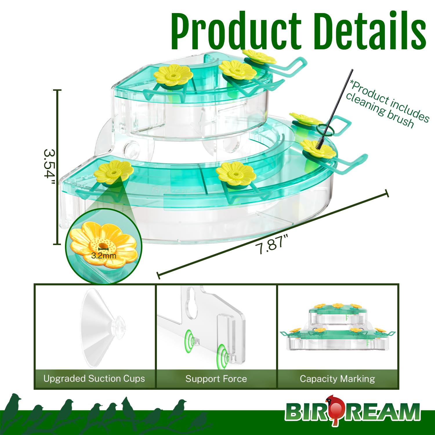 Birdream Comederos de colibríes de ventana para exteriores, con ventosas fuertes y 7 puertos de alimentación, fácil de usar y mantener, regalo para los amantes de los pájaros, comedero de plástico