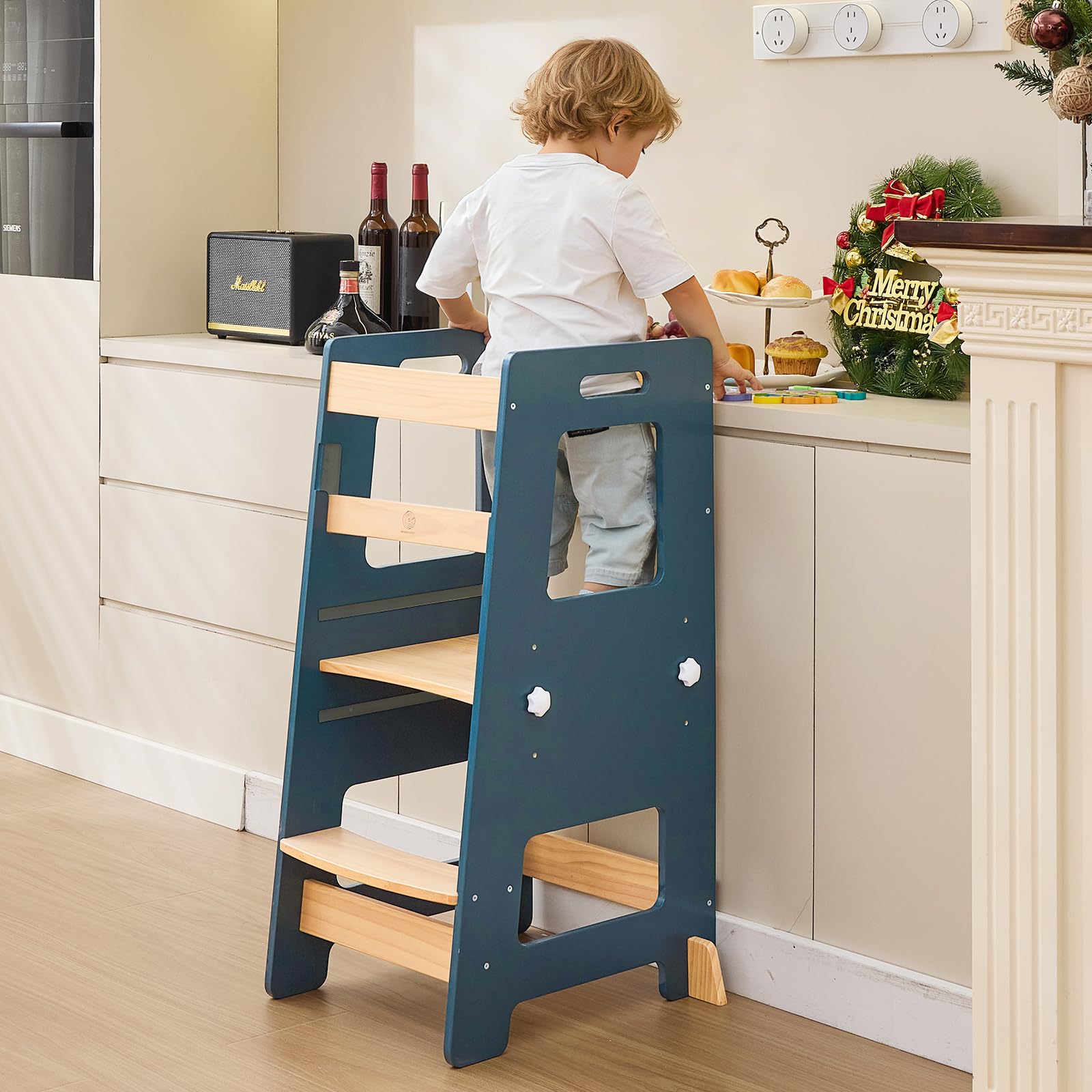 Kitchen Step Stool - Safe Montessori Standing Tower for Kids with Safety Rail, Height Adjustable Toddler Ideal Helper for Learning New Skills, Anti-Slip Protection for Bathroom - Deep Blue