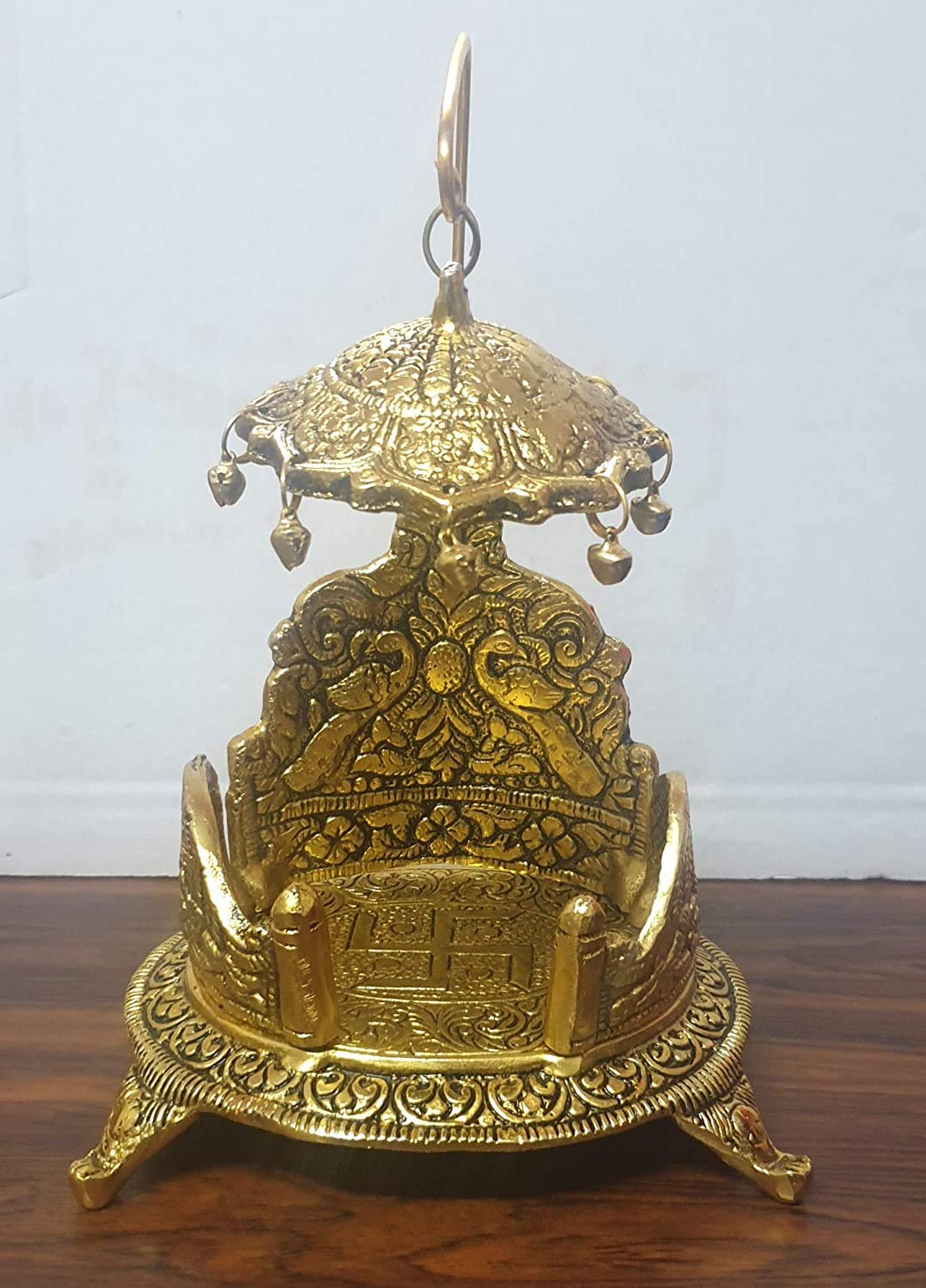 RSN Handcrafted Designer Singhasan Oval Shaped for Ganesha Krishna God Idols Pooja Chowki for Temple Material Metal Home Decor - Golden 1