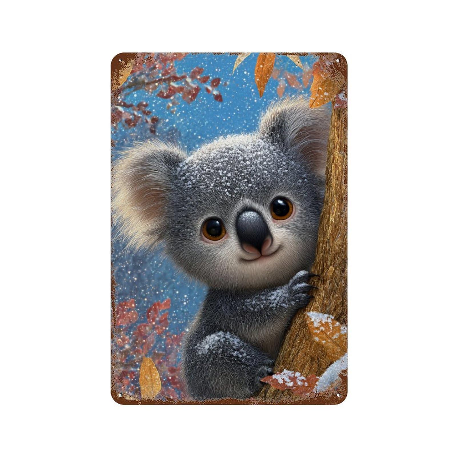Winter Koala in Tree 11.8"x7.9" Rust Effect Tin Sign, Vintage Wall Decor for Farmhouse, Kitchen And Entryway Decor