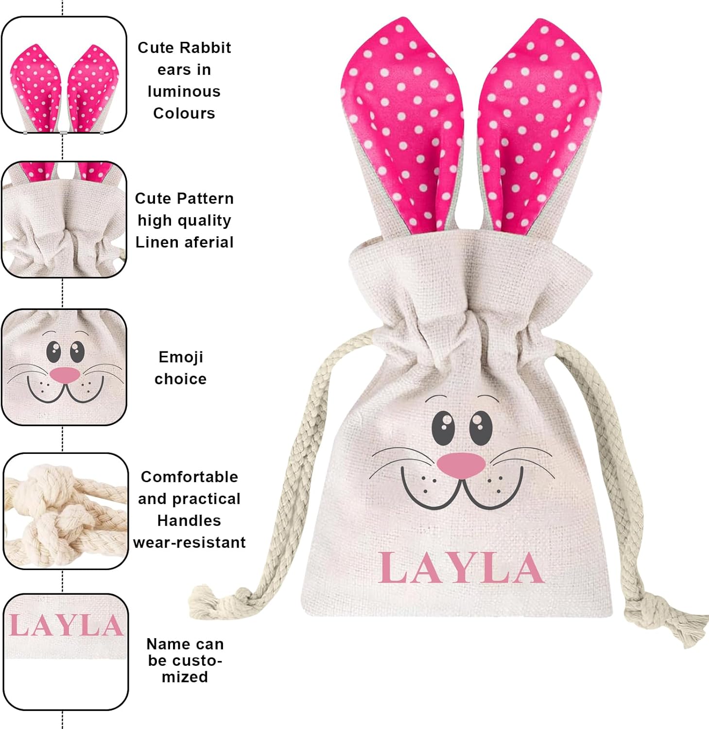 HOME'S FRIEND Personalized Easter Gift Bags,Rabbit Ear Burlap Drawstring Tote Bag Custom Any Name,Reusable Easter Treat Bags for Kids Easter Egg Hunt Party Supplies Decorations - Image 3