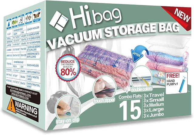 Space Saver Bags 15Pack Vacuum Compression Storage Bags (3 Small, 3 Medium, 3 Large, 3 Jumbo, 3 Roll Up Bags) With Hand Pump (15-Combo)